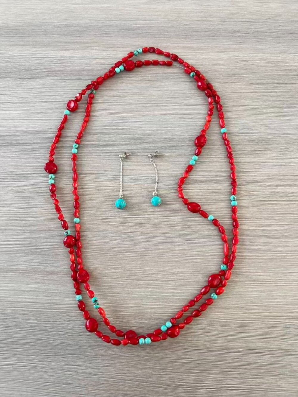 Red Agate Turquoise Necklace With Matching Dangle Sterling Silver Earrings